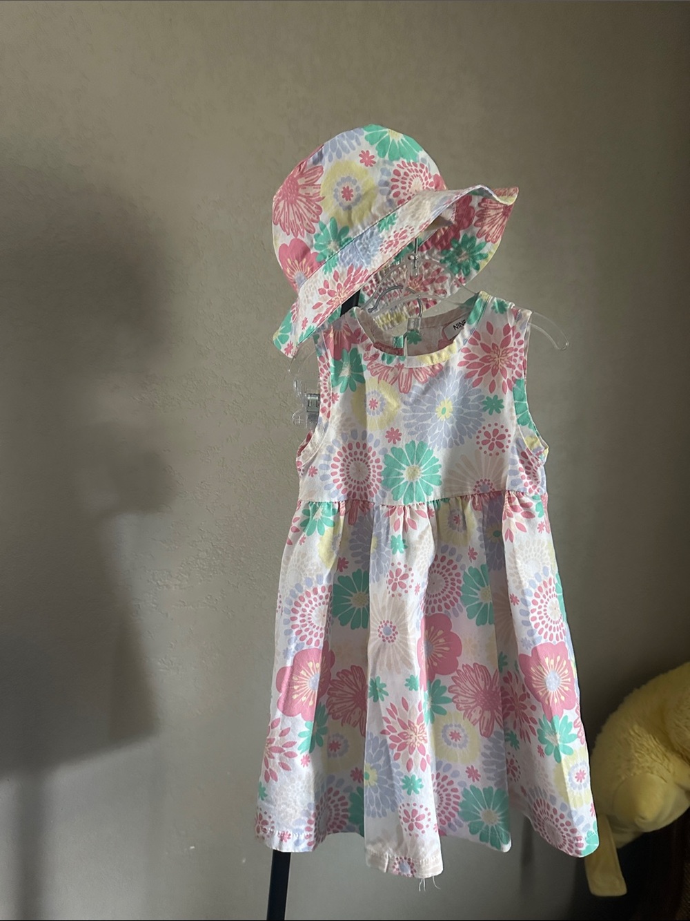 Nine West Girls Floral Dress and Matching Hat - Pink, Teal, Yellow
